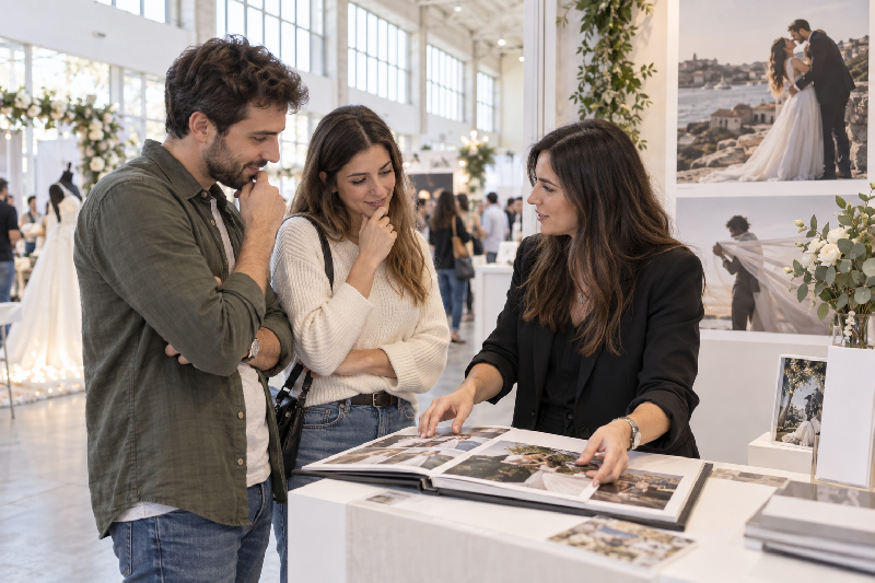 Fotografa ensenando su trabajo a una pareja en Expoboda Fotografa ensenando su trabajo a una pareja en Expoboda